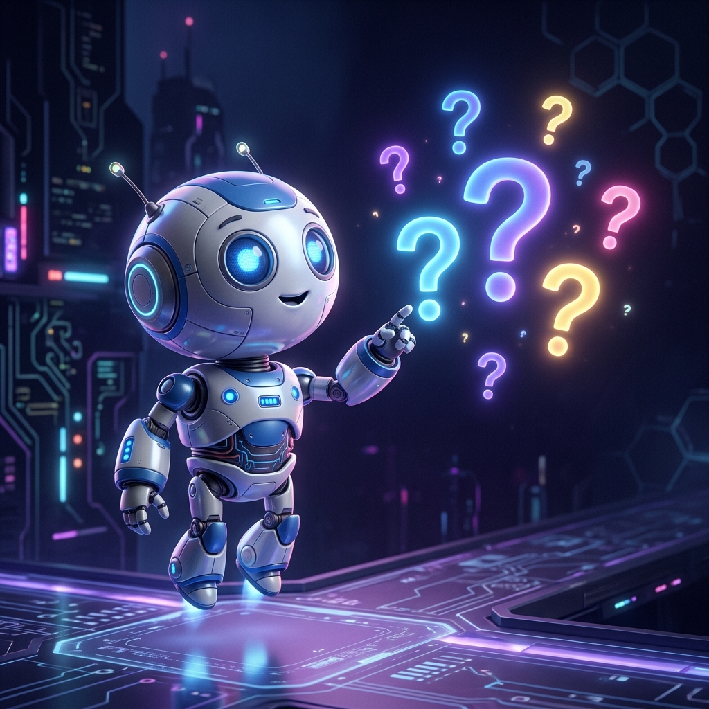 Tech mascot with question marks
