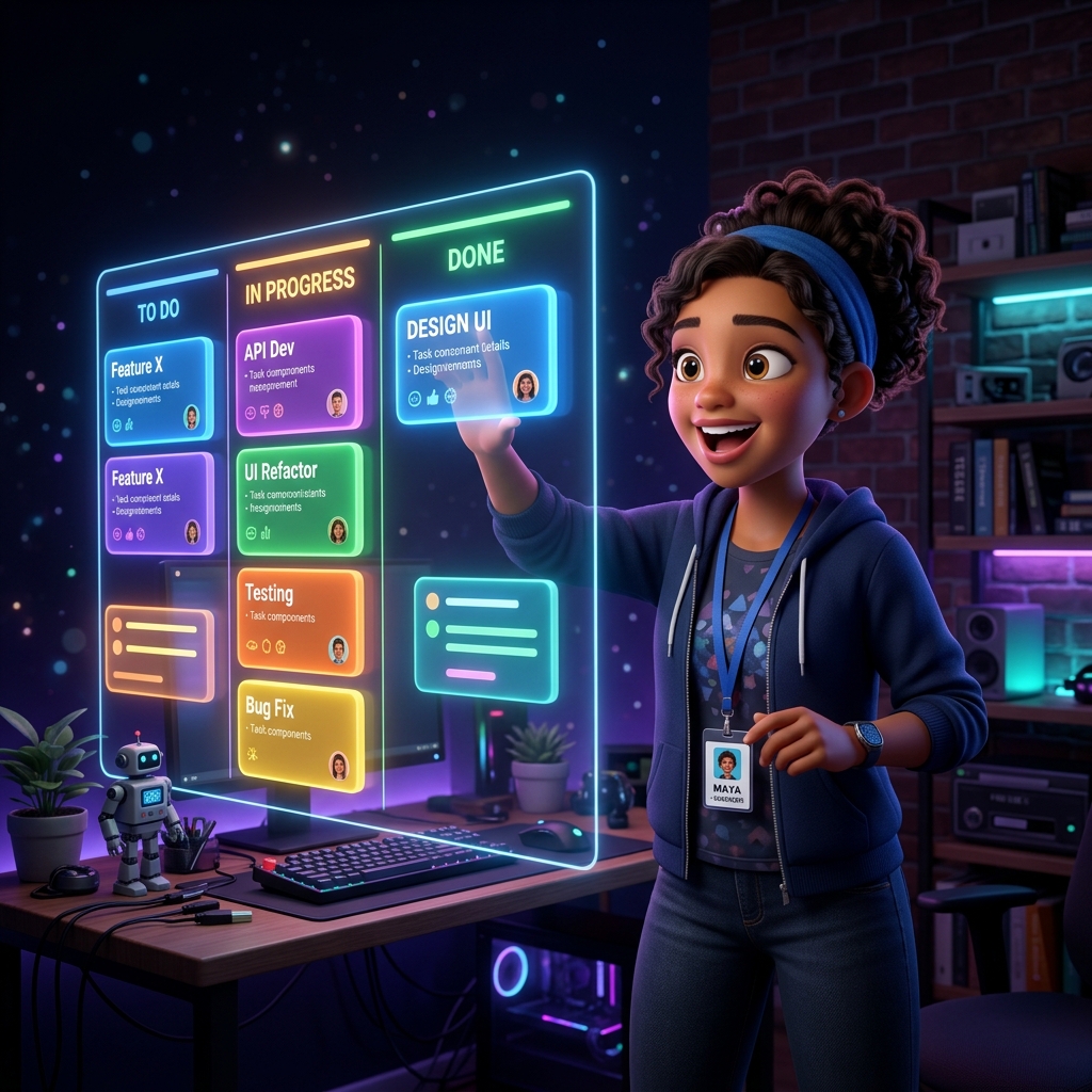 Engineer organizing glowing blocks